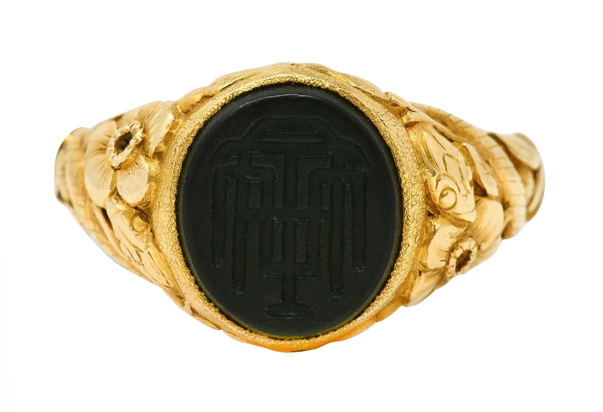 Tiffany & Co. Victorian Nephrite Jade 18 Karat Yellow Gold Floral Snake Signet Intaglio Unisex Ring