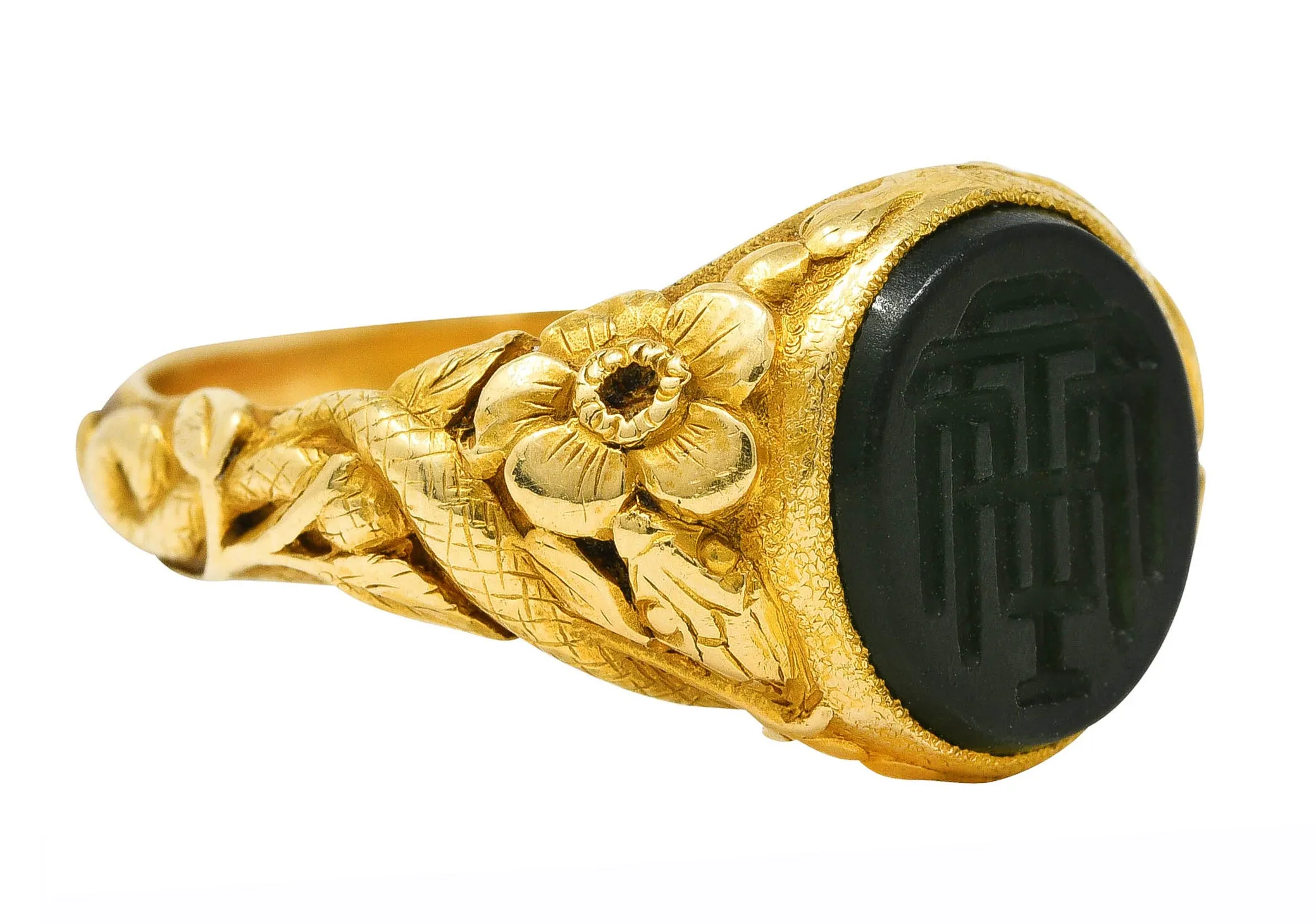 Tiffany & Co. Victorian Nephrite Jade 18 Karat Yellow Gold Floral Snake Signet Intaglio Unisex Ring