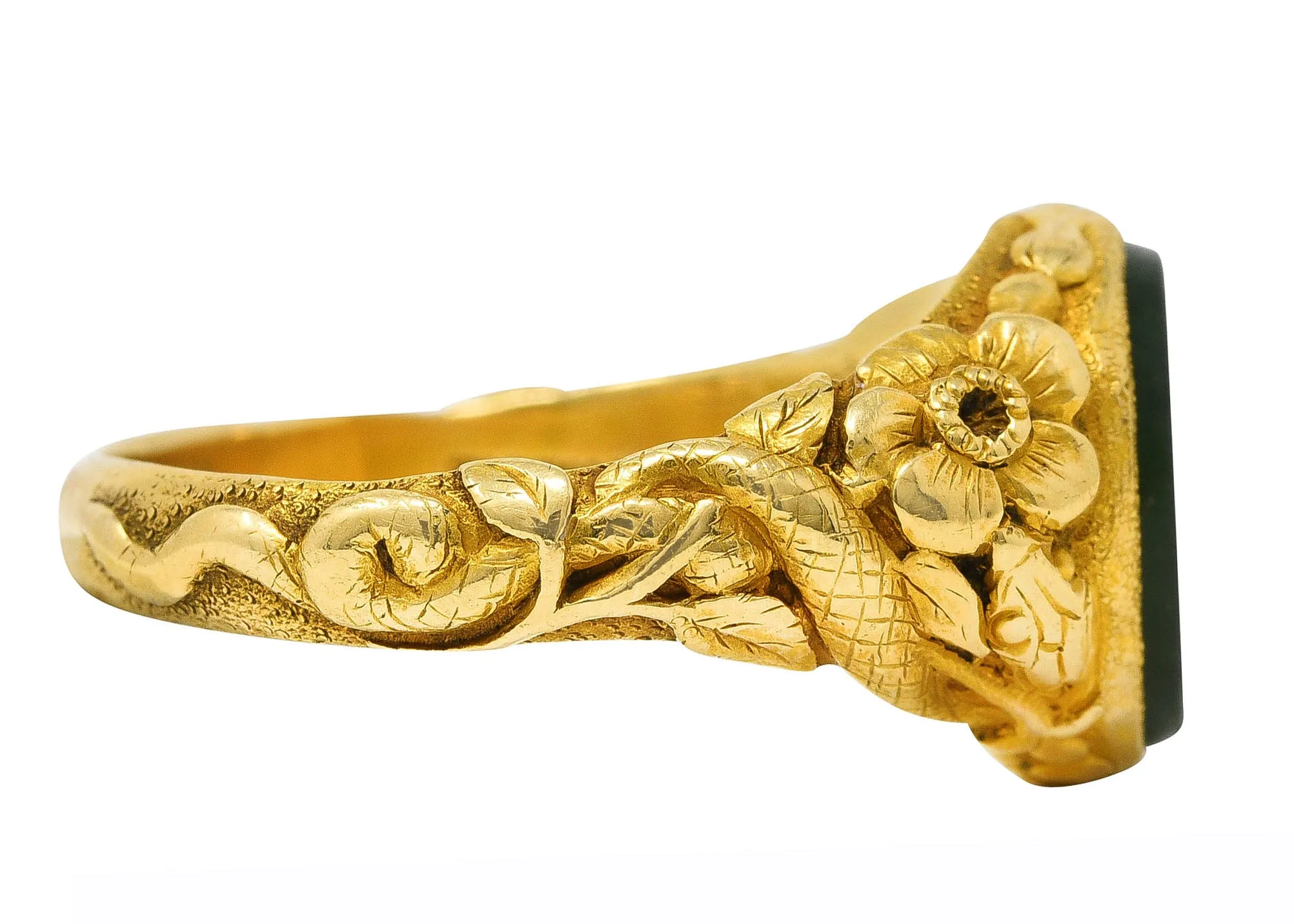 Tiffany & Co. Victorian Nephrite Jade 18 Karat Yellow Gold Floral Snake Signet Intaglio Unisex Ring