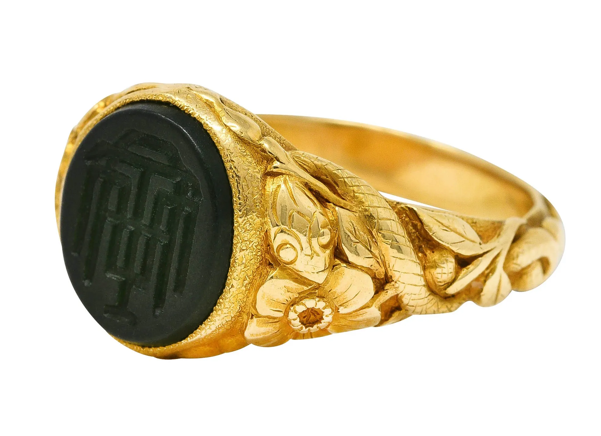 Tiffany & Co. Victorian Nephrite Jade 18 Karat Yellow Gold Floral Snake Signet Intaglio Unisex Ring