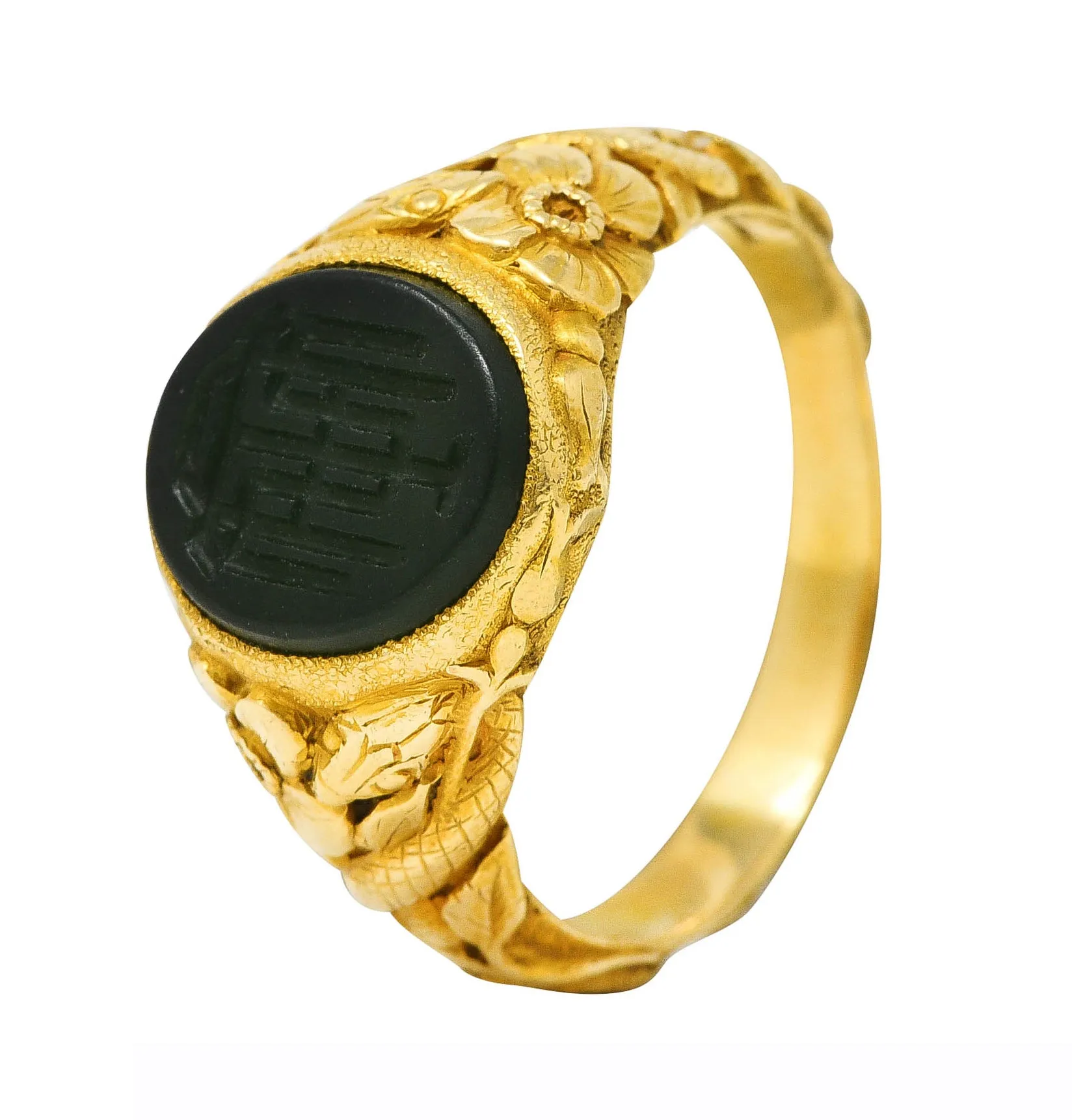 Tiffany & Co. Victorian Nephrite Jade 18 Karat Yellow Gold Floral Snake Signet Intaglio Unisex Ring