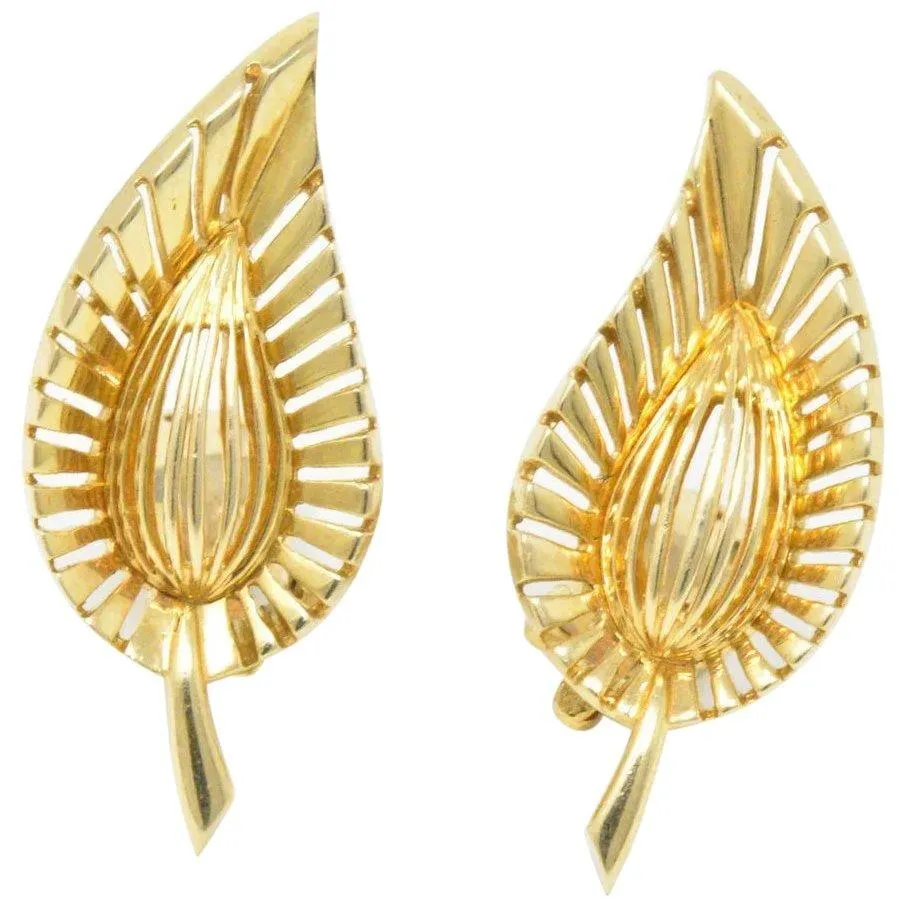 Tiffany & Co. Vintage 14K Yellow Gold Leaf Clip Earrings