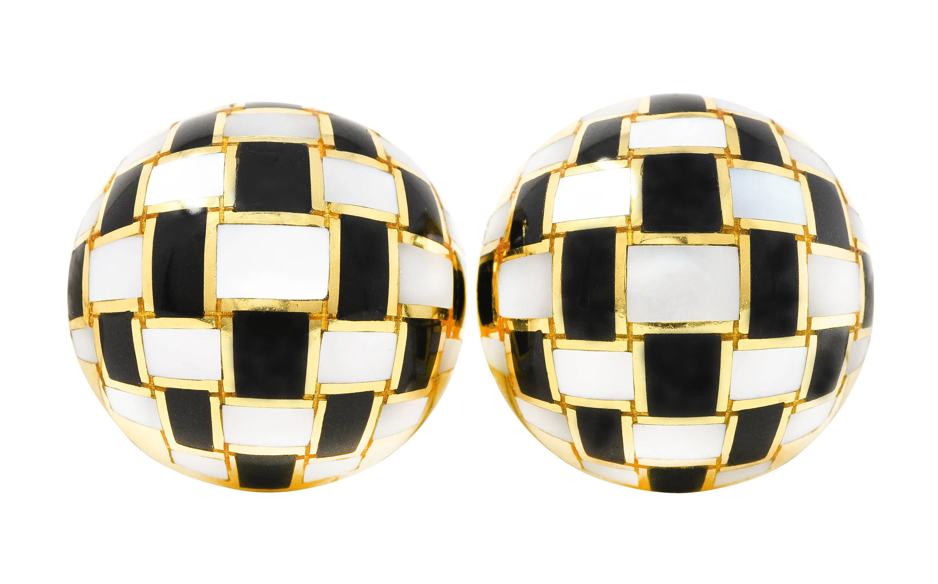 Tiffany Vintage Mother-Of-Pearl Black Jade 18 Karat Gold Checkerboard Earrings