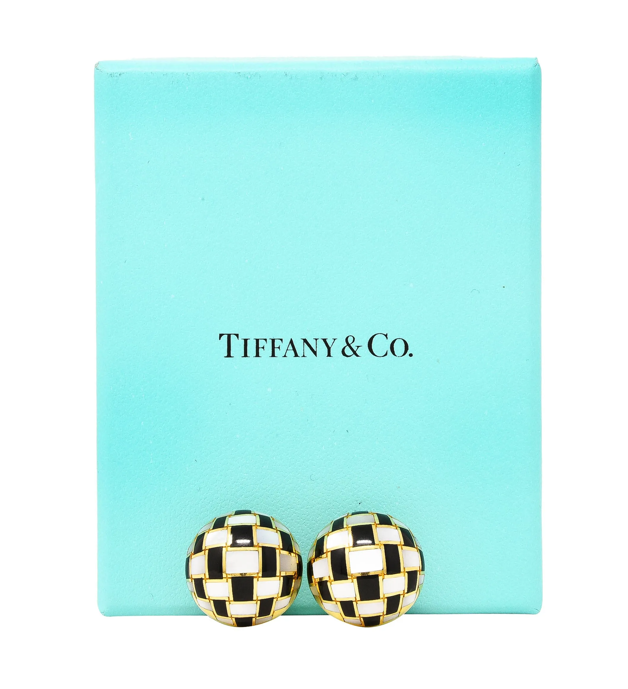 Tiffany Vintage Mother-Of-Pearl Black Jade 18 Karat Gold Checkerboard Earrings