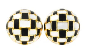 Tiffany Vintage Mother-Of-Pearl Black Jade 18 Karat Gold Checkerboard Earrings