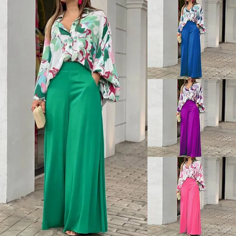 Two Piece Casual Women's Loose Boho Print Shirt + Commuter Wide Leg Pants Set L B-75640