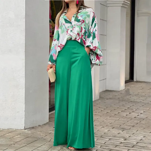 Two Piece Casual Women's Loose Boho Print Shirt + Commuter Wide Leg Pants Set L B-75640