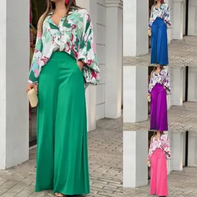 Two Piece Casual Women's Loose Boho Print Shirt + Commuter Wide Leg Pants Set L B-75640