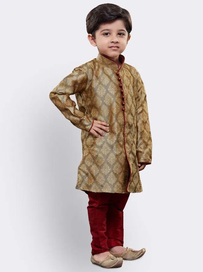 VASTRAMAY Boys' Beige Cotton Silk Kurta and Pyjama Set