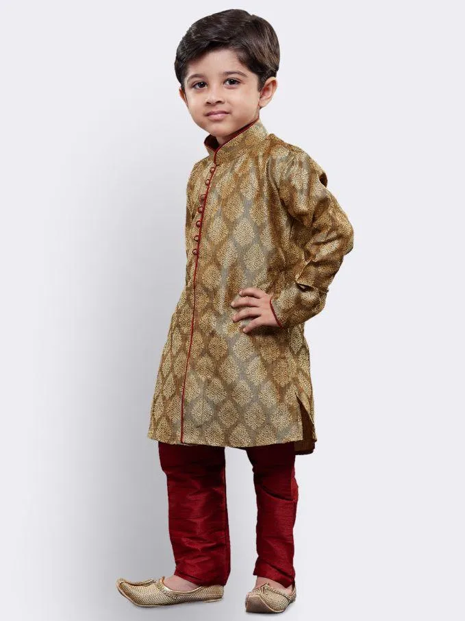 VASTRAMAY Boys' Beige Cotton Silk Kurta and Pyjama Set