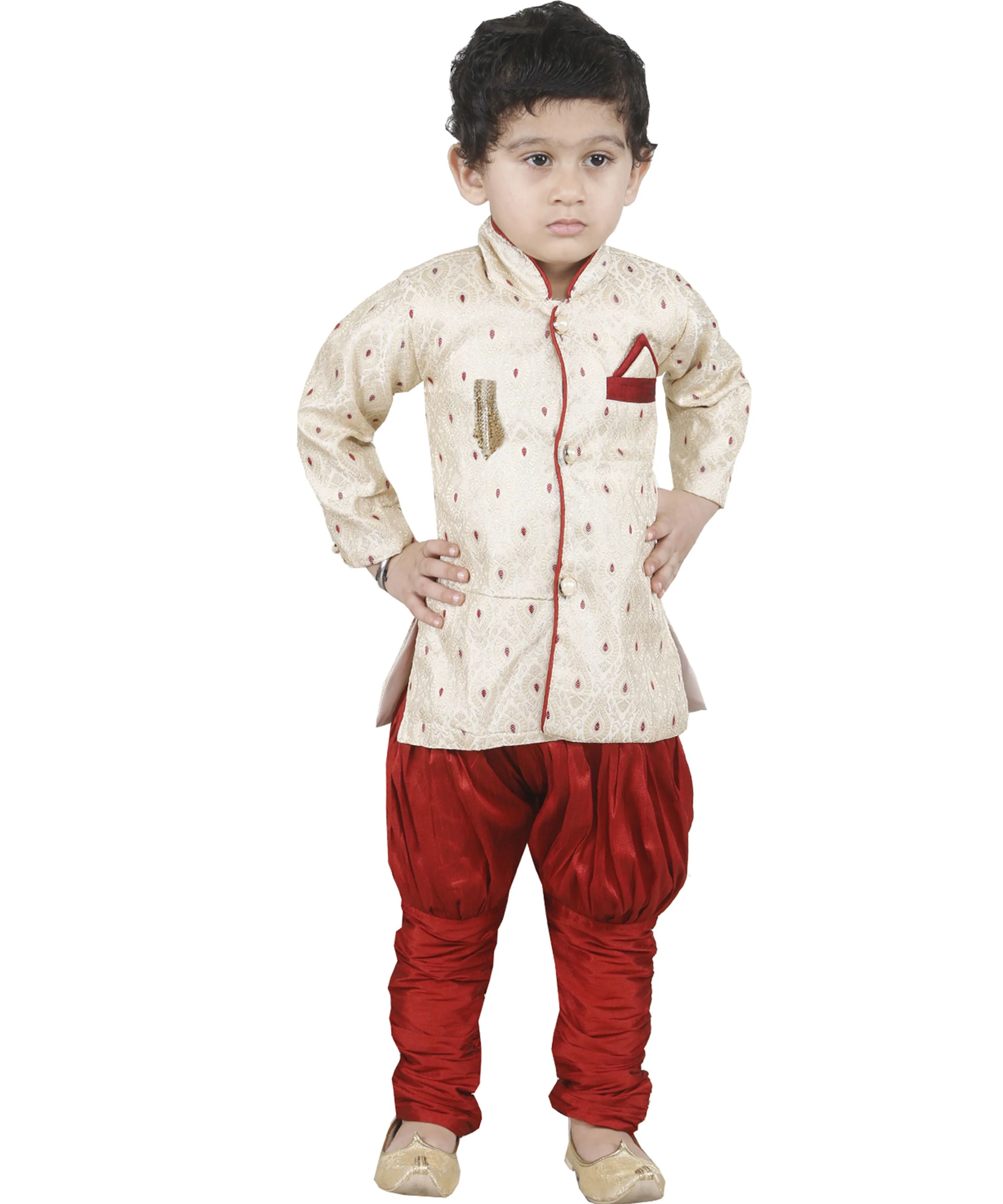 Vastramay Boys' Gold Cotton Silk Kurta and Breedges Set