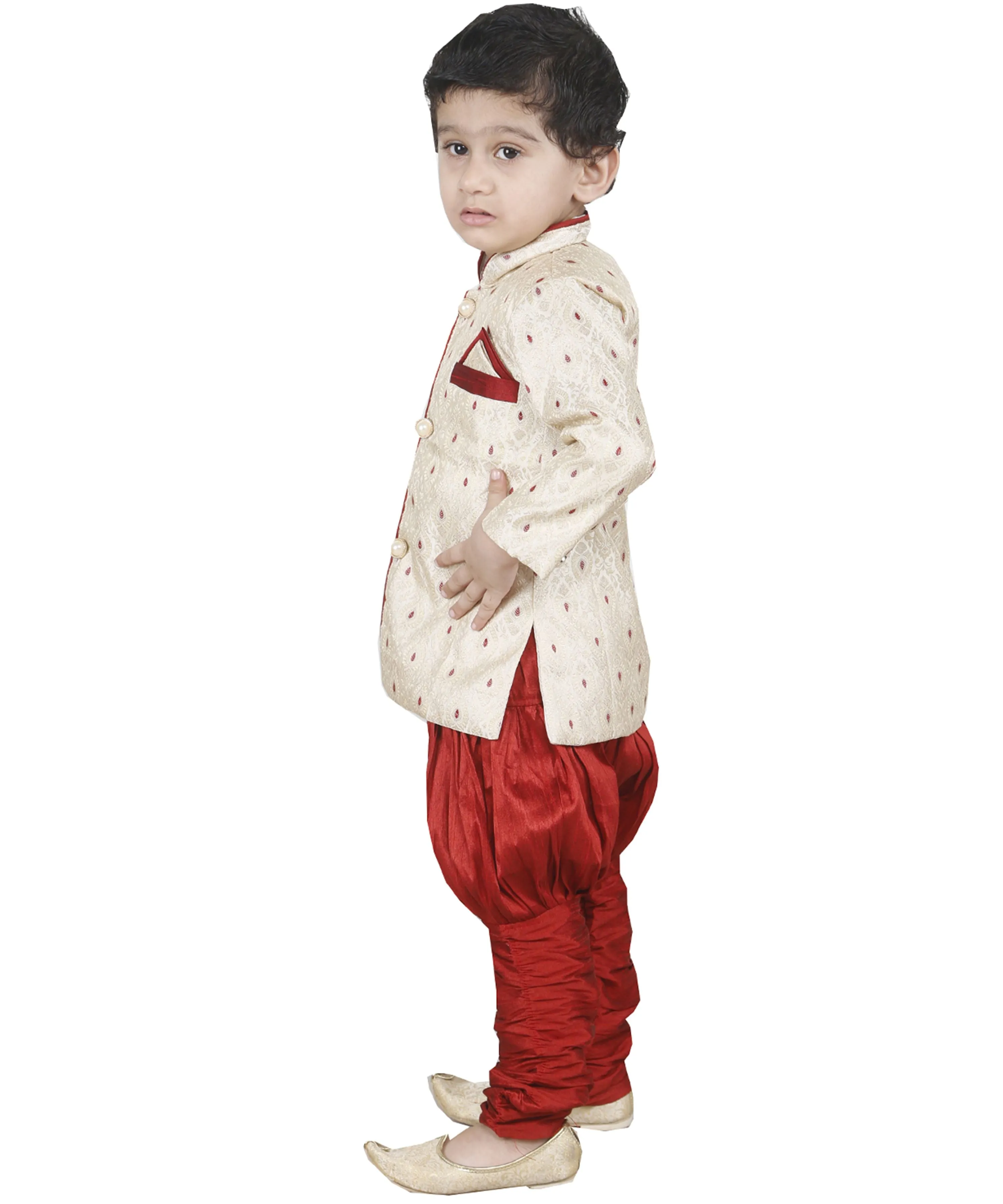 Vastramay Boys' Gold Cotton Silk Kurta and Breedges Set