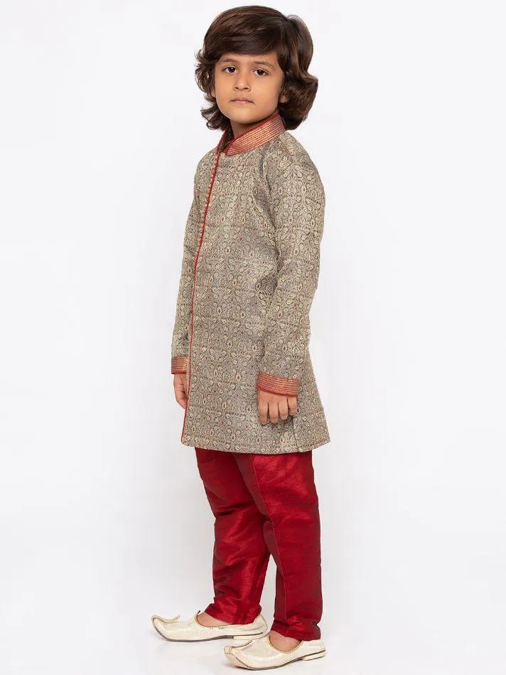 VASTRAMAY Boys' Grey Cotton Silk Sherwani and Churidar Set