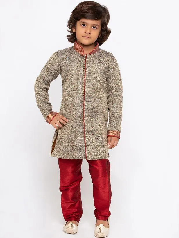 VASTRAMAY Boys' Grey Cotton Silk Sherwani and Churidar Set