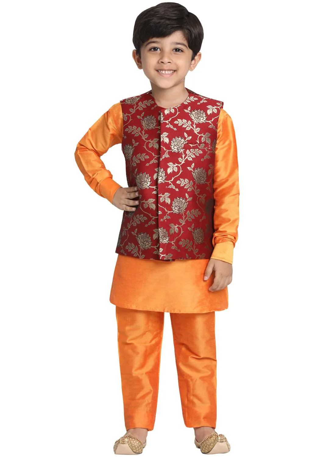 Vastramay Boys' Orange Cotton Silk Blend Kurta, Nehru Jacket and Pyjama Set