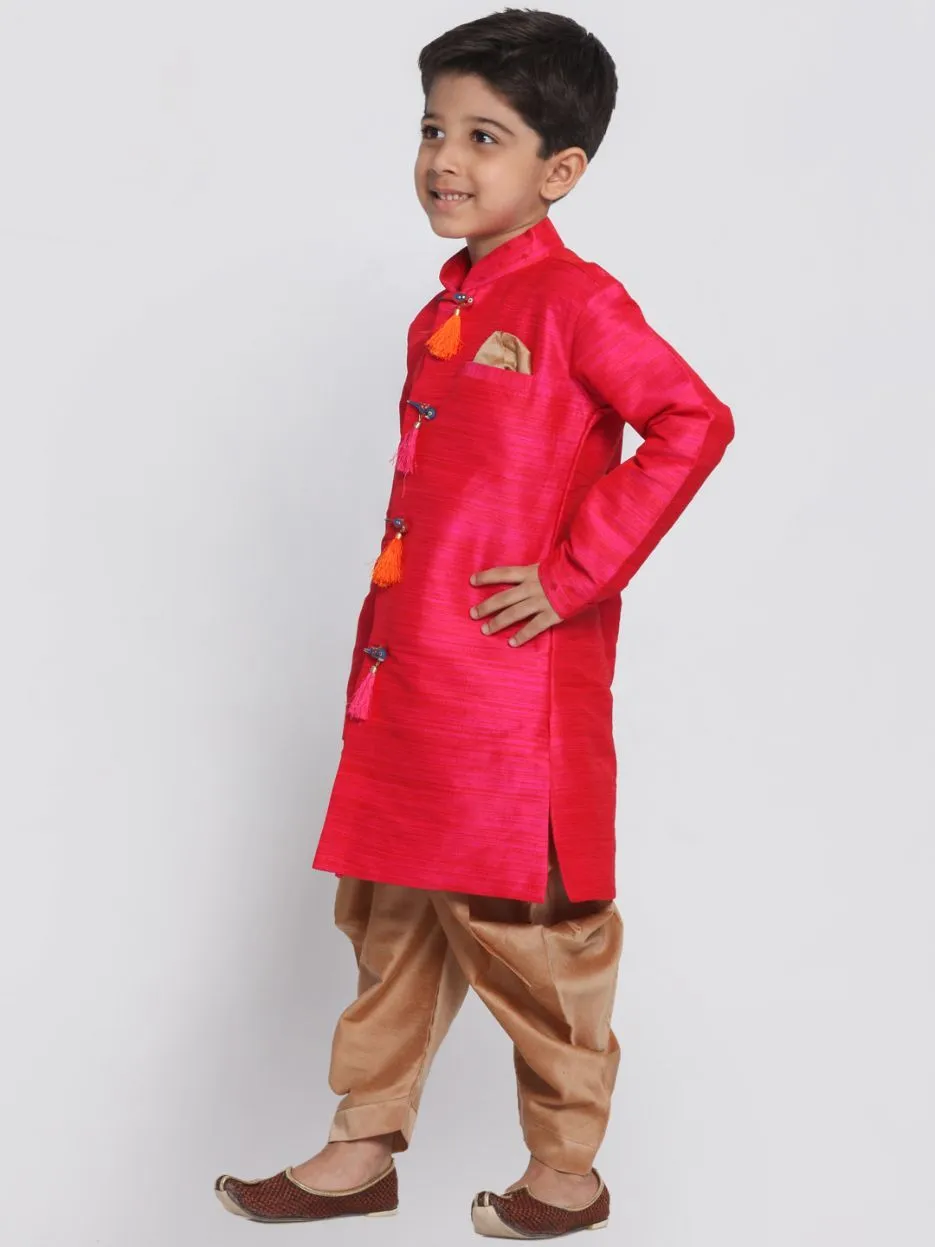 VASTRAMAY Boys' Pink Cotton Silk Blend Kurta and Dhoti Set