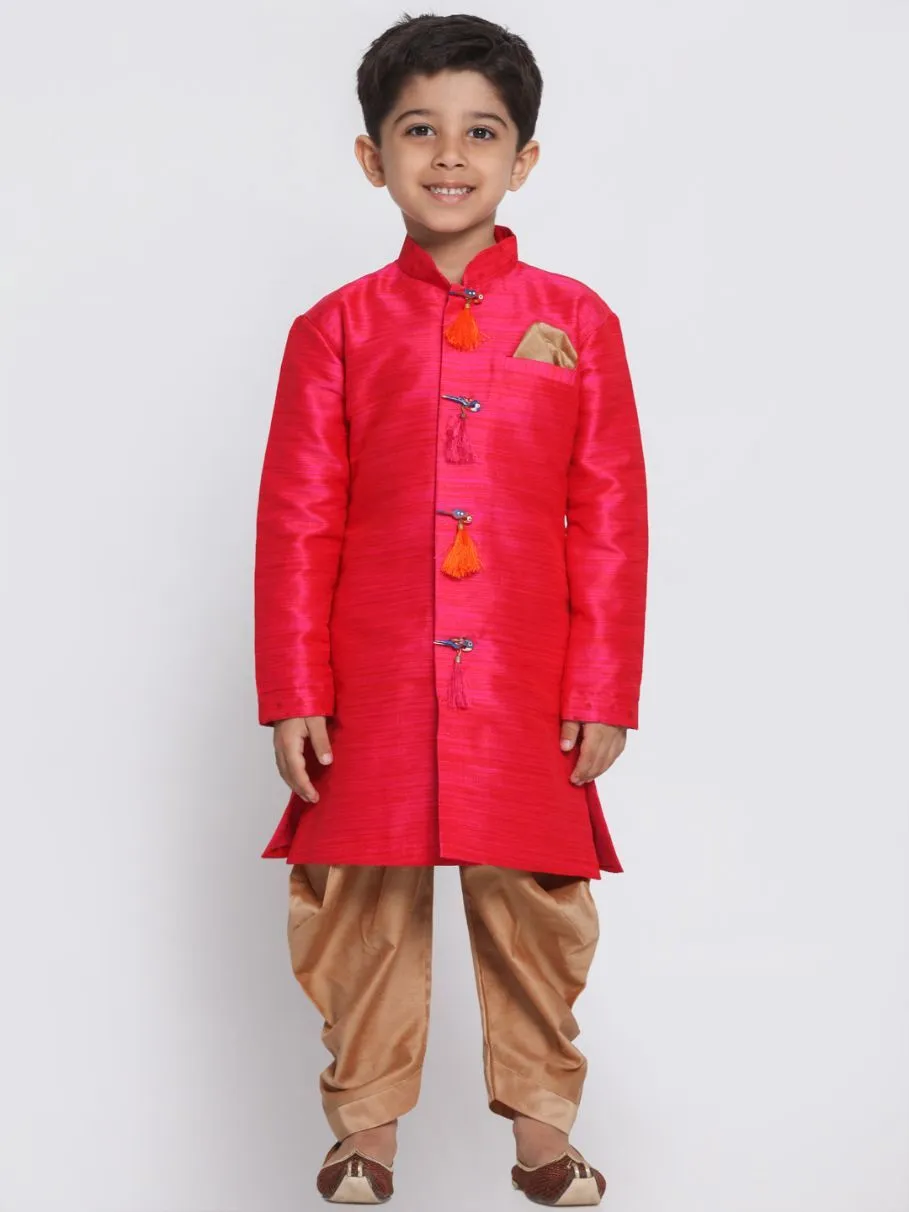 VASTRAMAY Boys' Pink Cotton Silk Blend Kurta and Dhoti Set