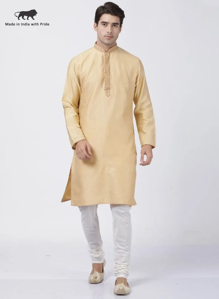 VASTRAMAY Men's Beige Cotton Silk Blend Kurta and Pyjama Set