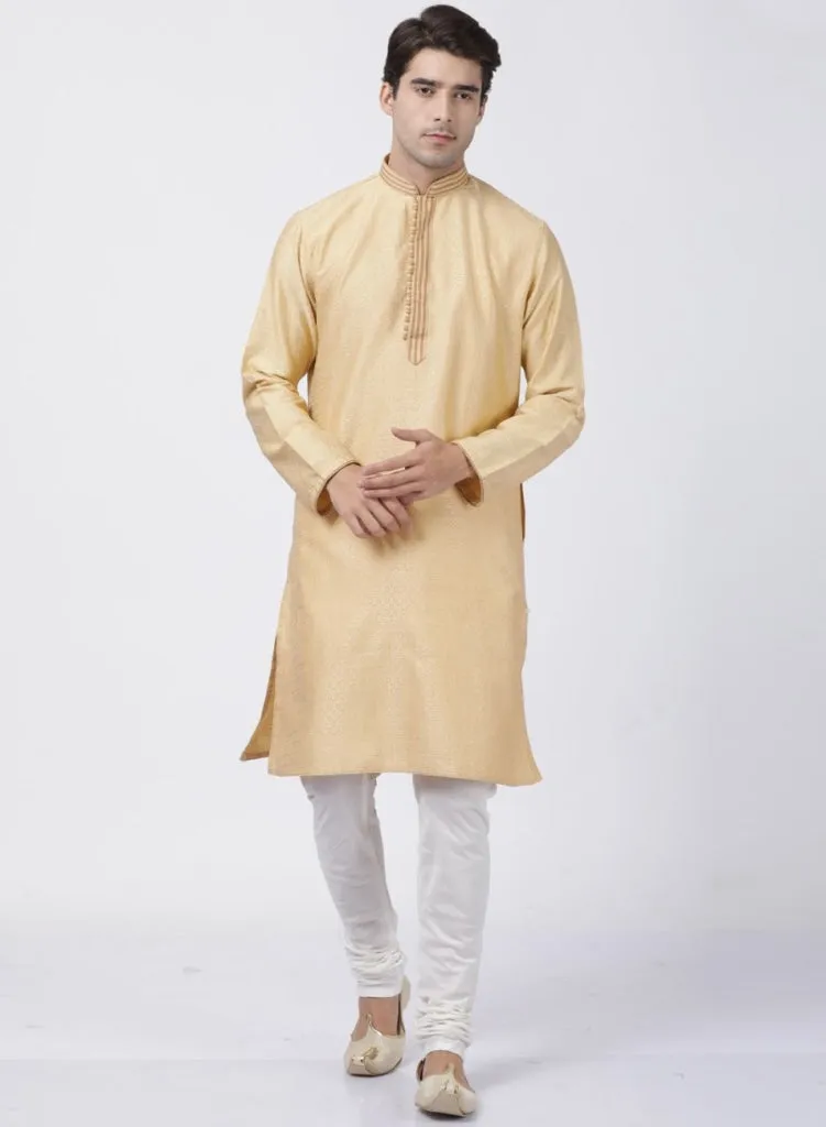 VASTRAMAY Men's Beige Cotton Silk Blend Kurta and Pyjama Set