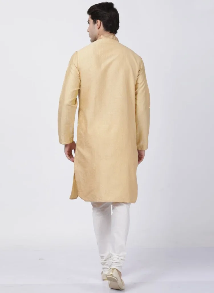 VASTRAMAY Men's Beige Cotton Silk Blend Kurta and Pyjama Set