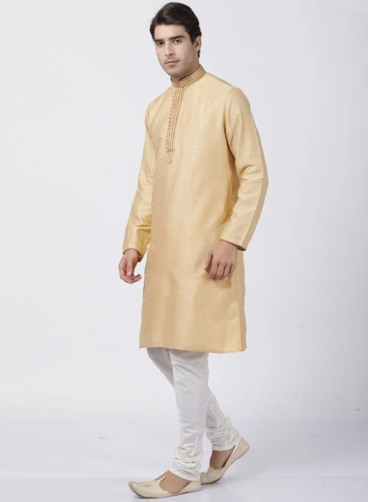 VASTRAMAY Men's Beige Cotton Silk Blend Kurta and Pyjama Set