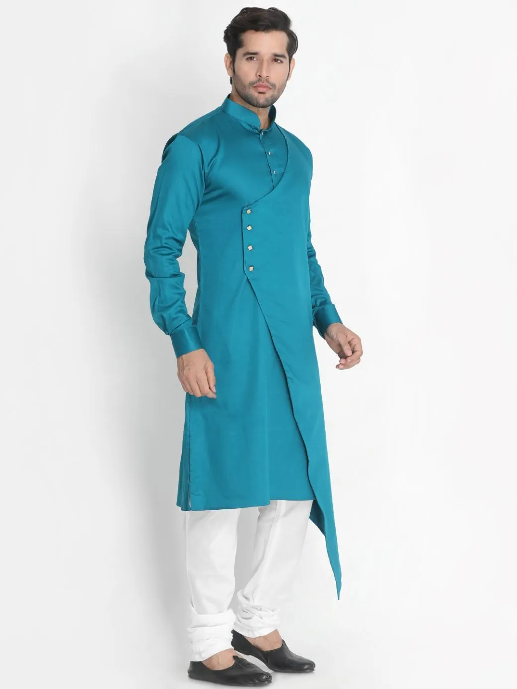 VASTRAMAY Men's Blue Cotton Silk Blend Kurta and Churidar Set