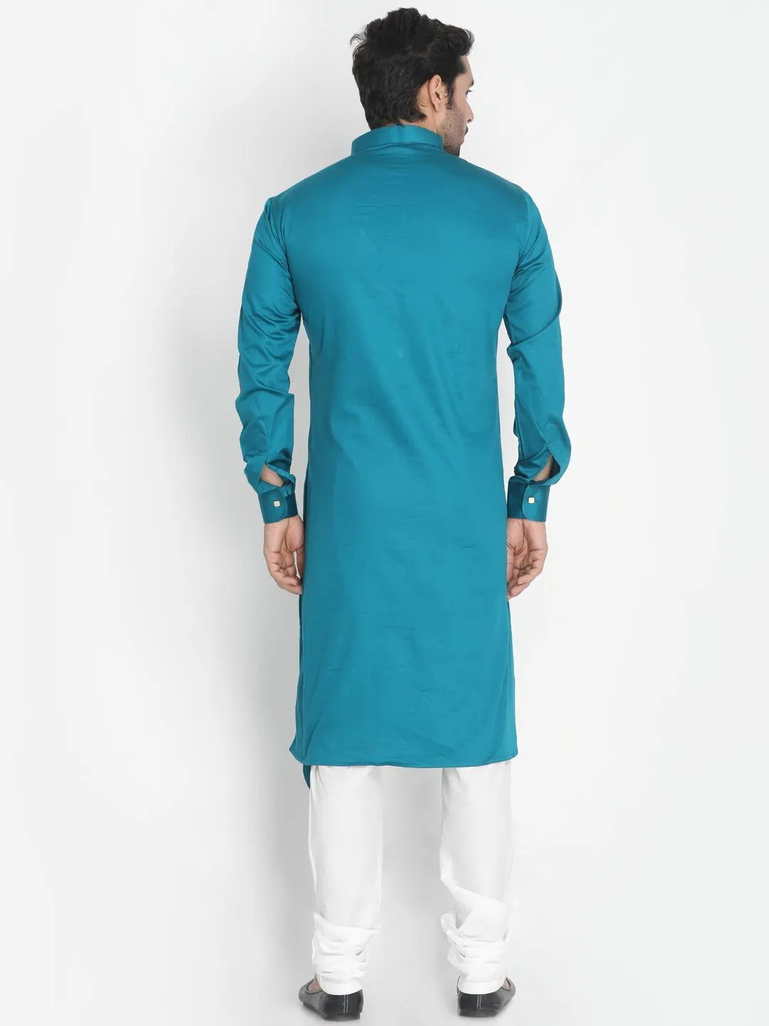 VASTRAMAY Men's Blue Cotton Silk Blend Kurta and Churidar Set