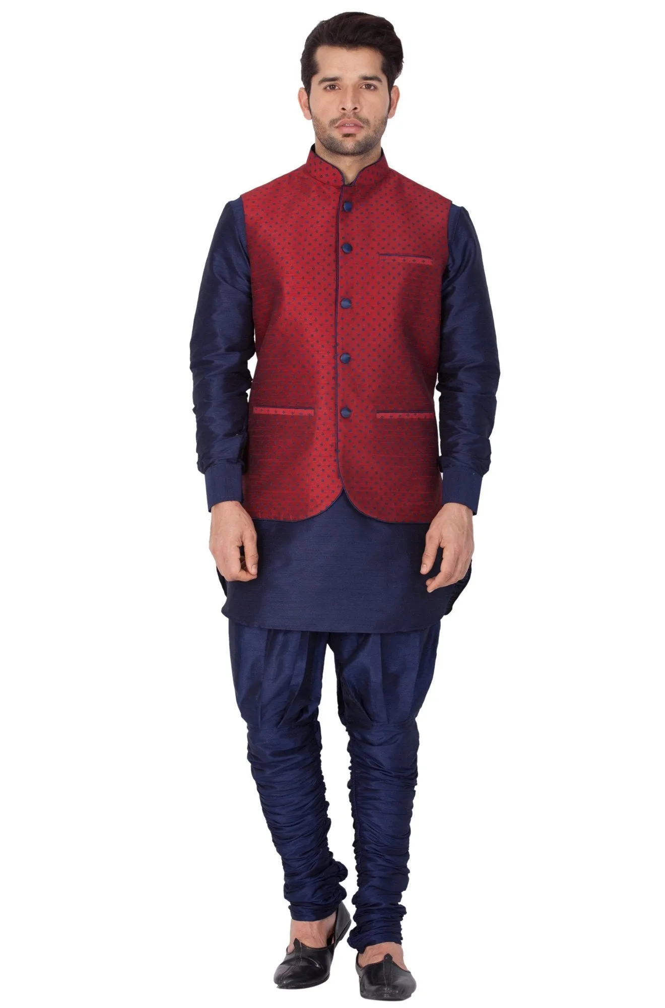 VASTRAMAY Men's Blue Cotton Silk Blend Kurta, Nehru Jacket and Bredges Set