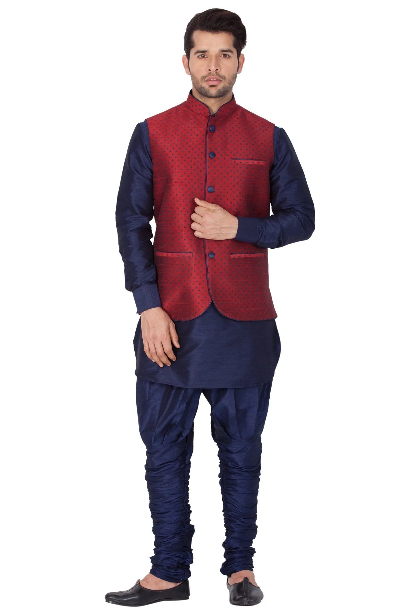 VASTRAMAY Men's Blue Cotton Silk Blend Kurta, Nehru Jacket and Bredges Set