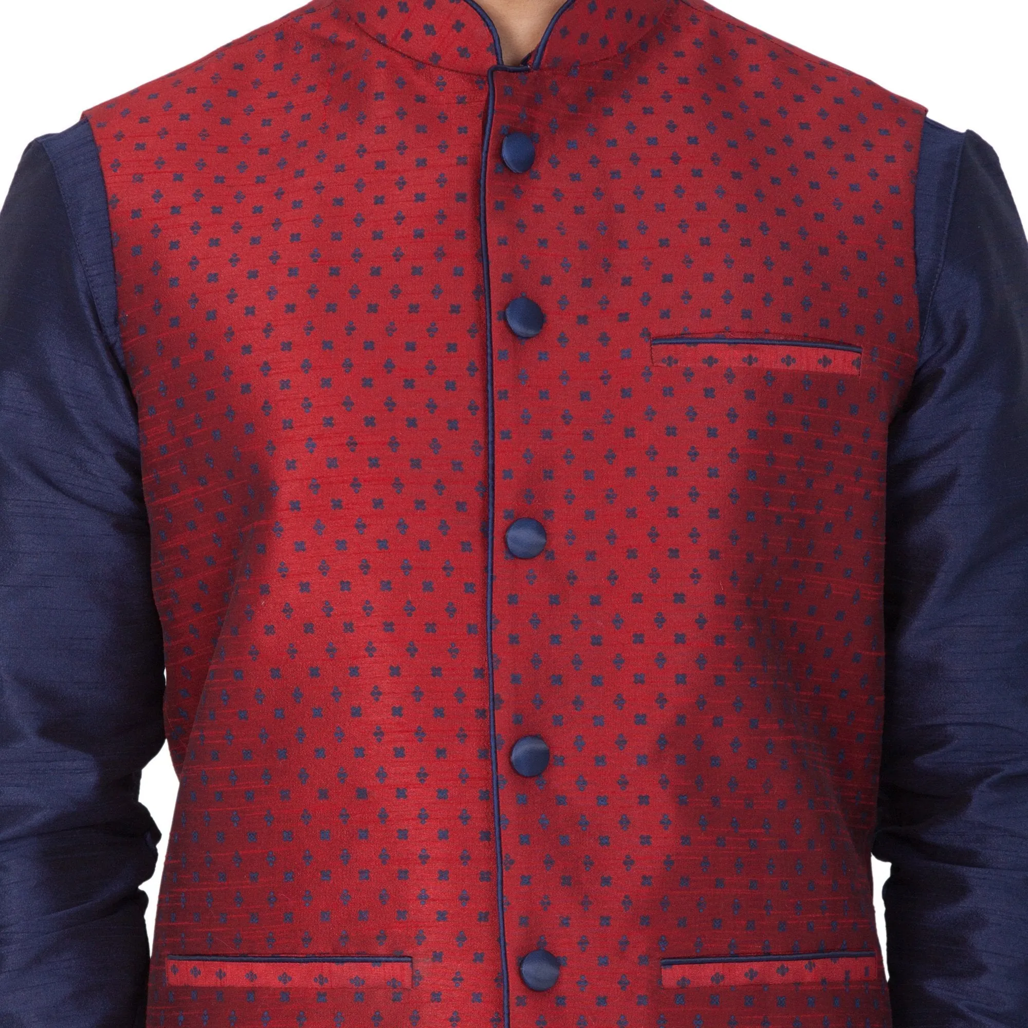 VASTRAMAY Men's Blue Cotton Silk Blend Kurta, Nehru Jacket and Bredges Set