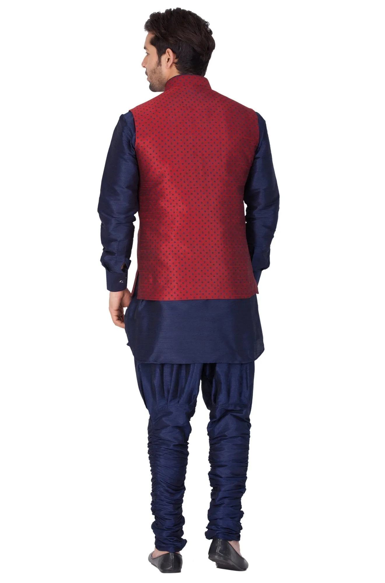 VASTRAMAY Men's Blue Cotton Silk Blend Kurta, Nehru Jacket and Bredges Set