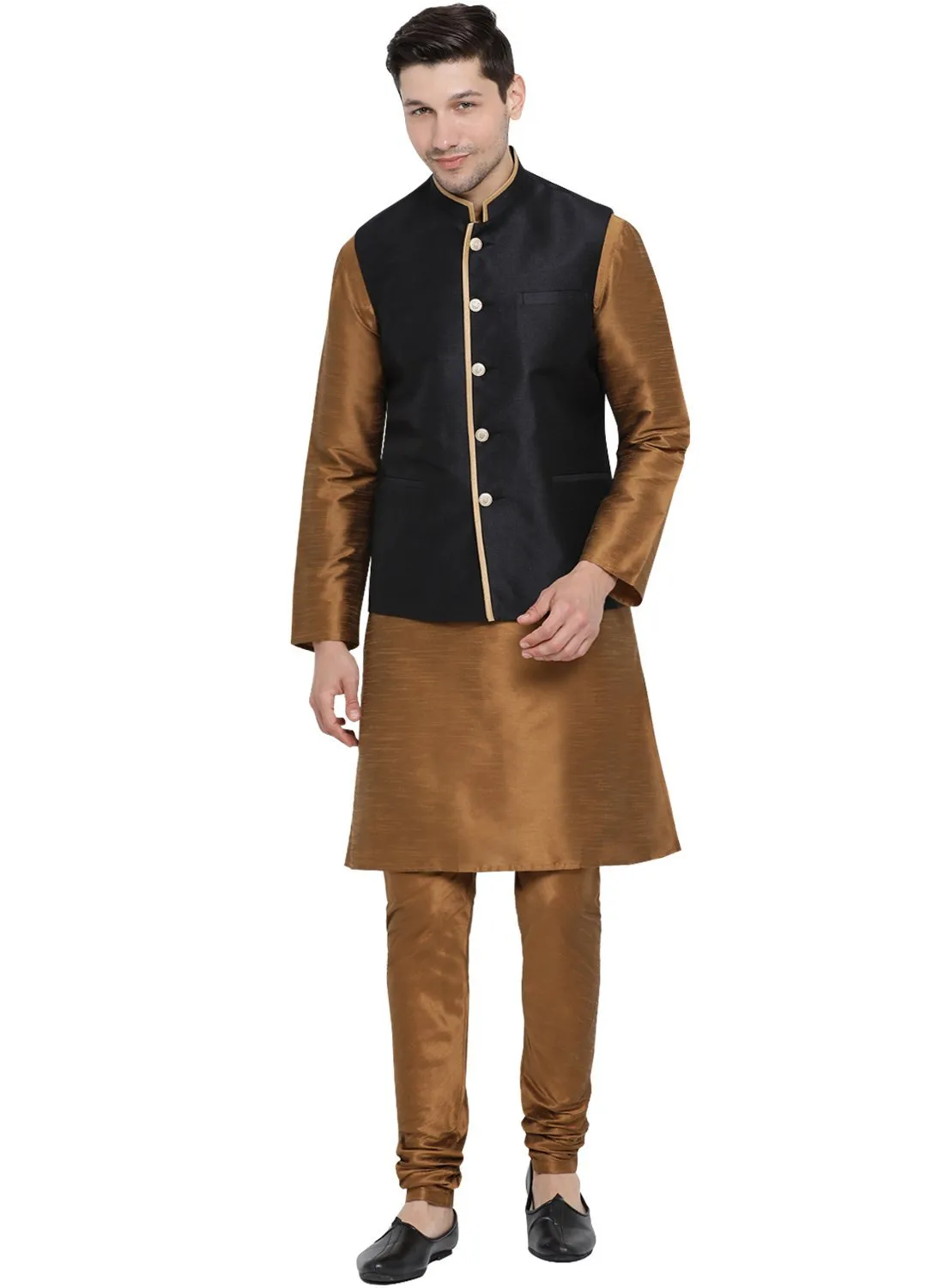 VASTRAMAY Men's Brown Cotton Silk Blend Kurta, Ethnic Jacket and Pyjama Set