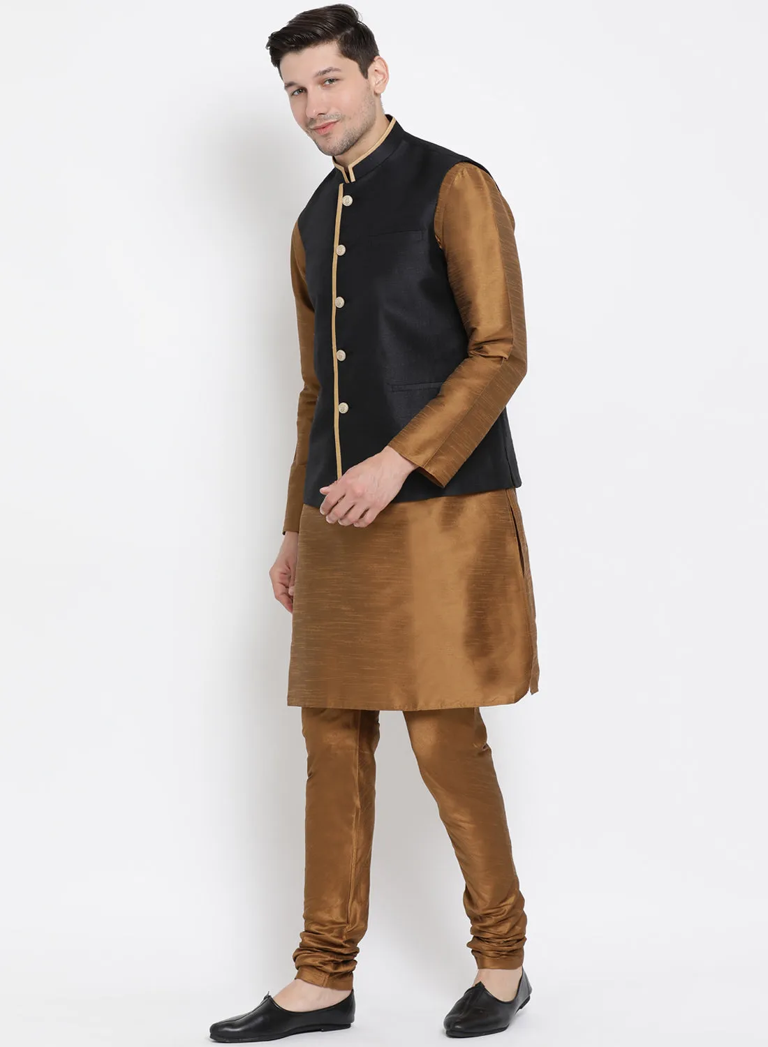 VASTRAMAY Men's Brown Cotton Silk Blend Kurta, Ethnic Jacket and Pyjama Set