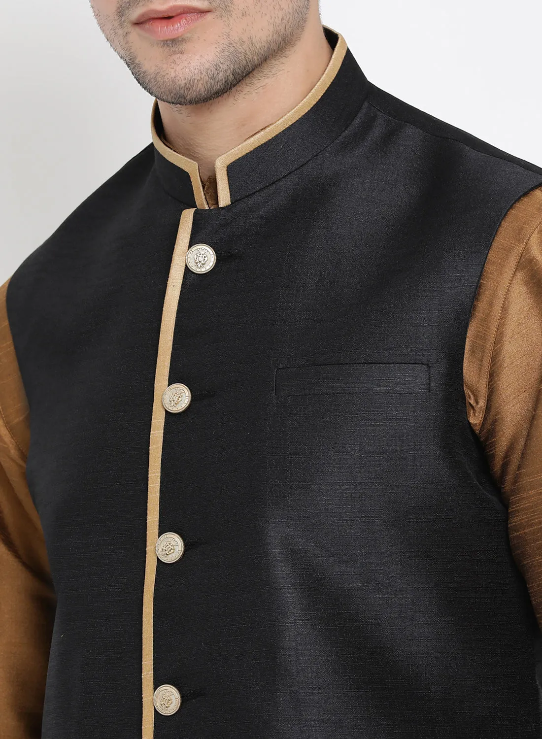 VASTRAMAY Men's Brown Cotton Silk Blend Kurta, Ethnic Jacket and Pyjama Set