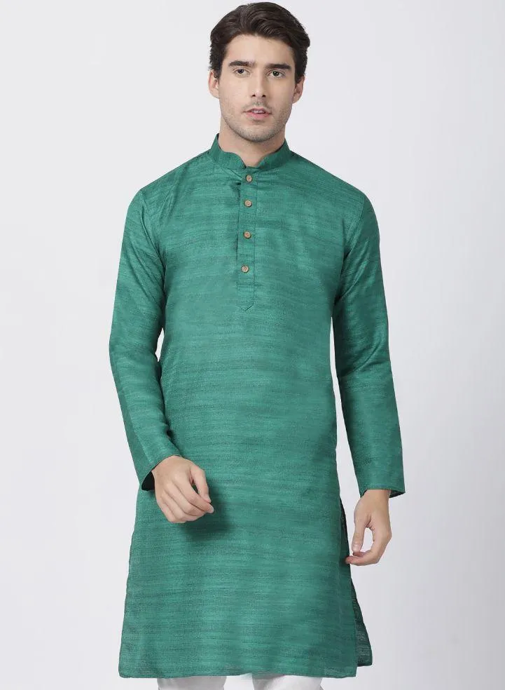 VASTRAMAY Men's Green Cotton Silk Blend Kurta