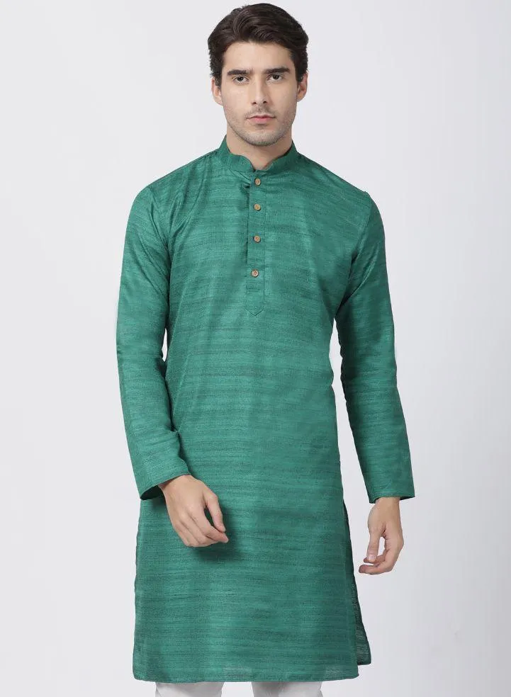 VASTRAMAY Men's Green Cotton Silk Blend Kurta