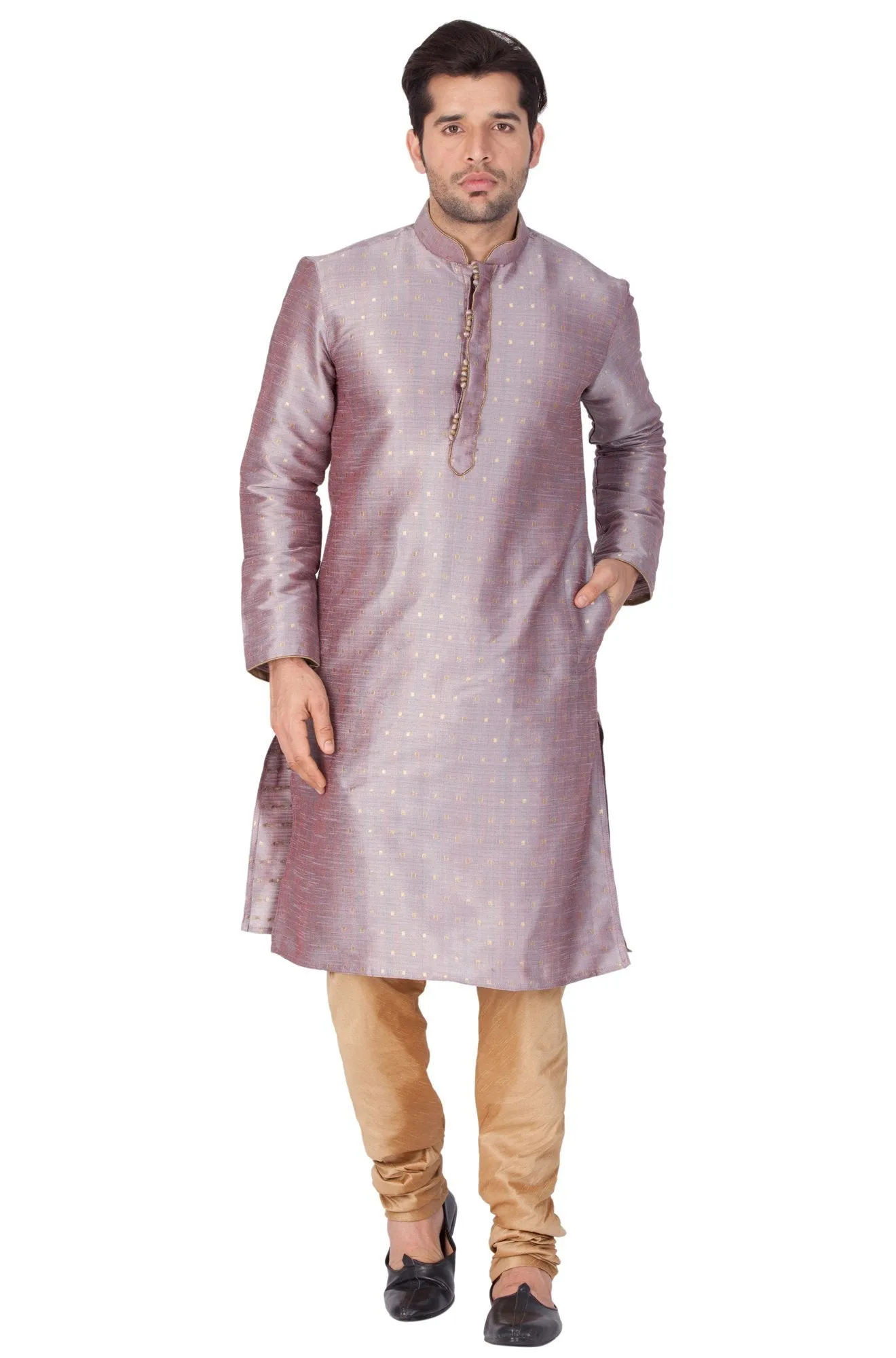 VASTRAMAY Men's Grey Cotton Silk Blend Kurta and Pyjama Set