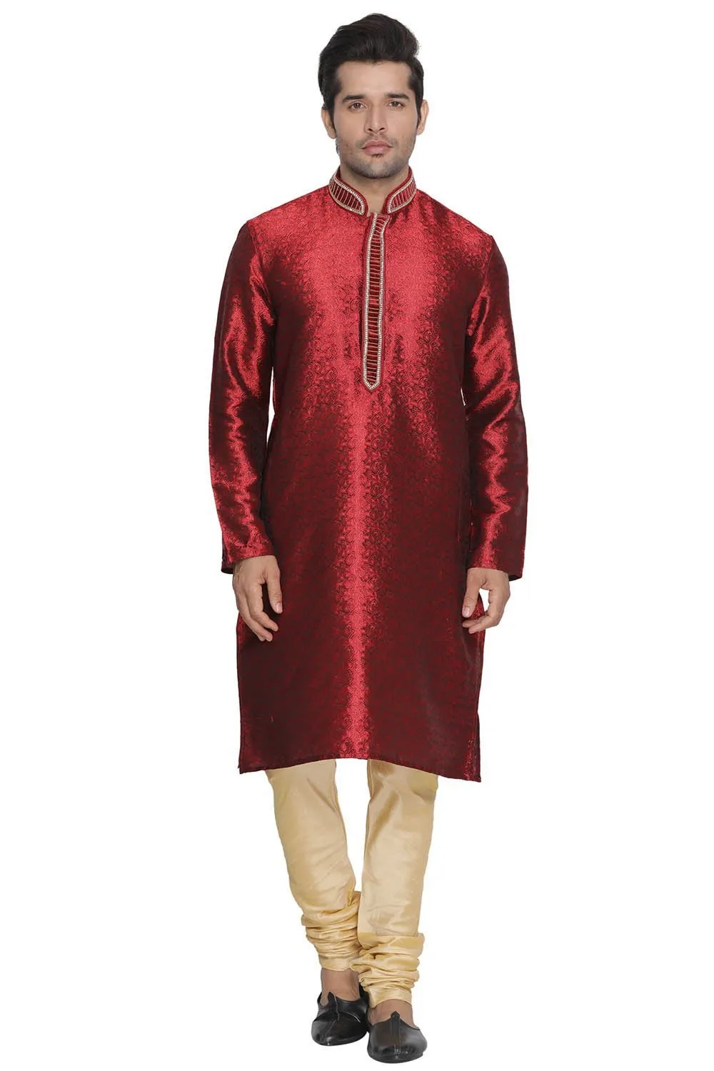 VASTRAMAY Men's Maroon Cotton Silk Blend Kurta and Pyjama Set