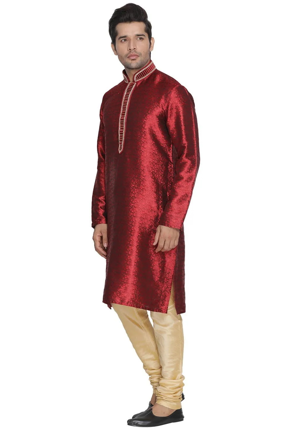 VASTRAMAY Men's Maroon Cotton Silk Blend Kurta and Pyjama Set