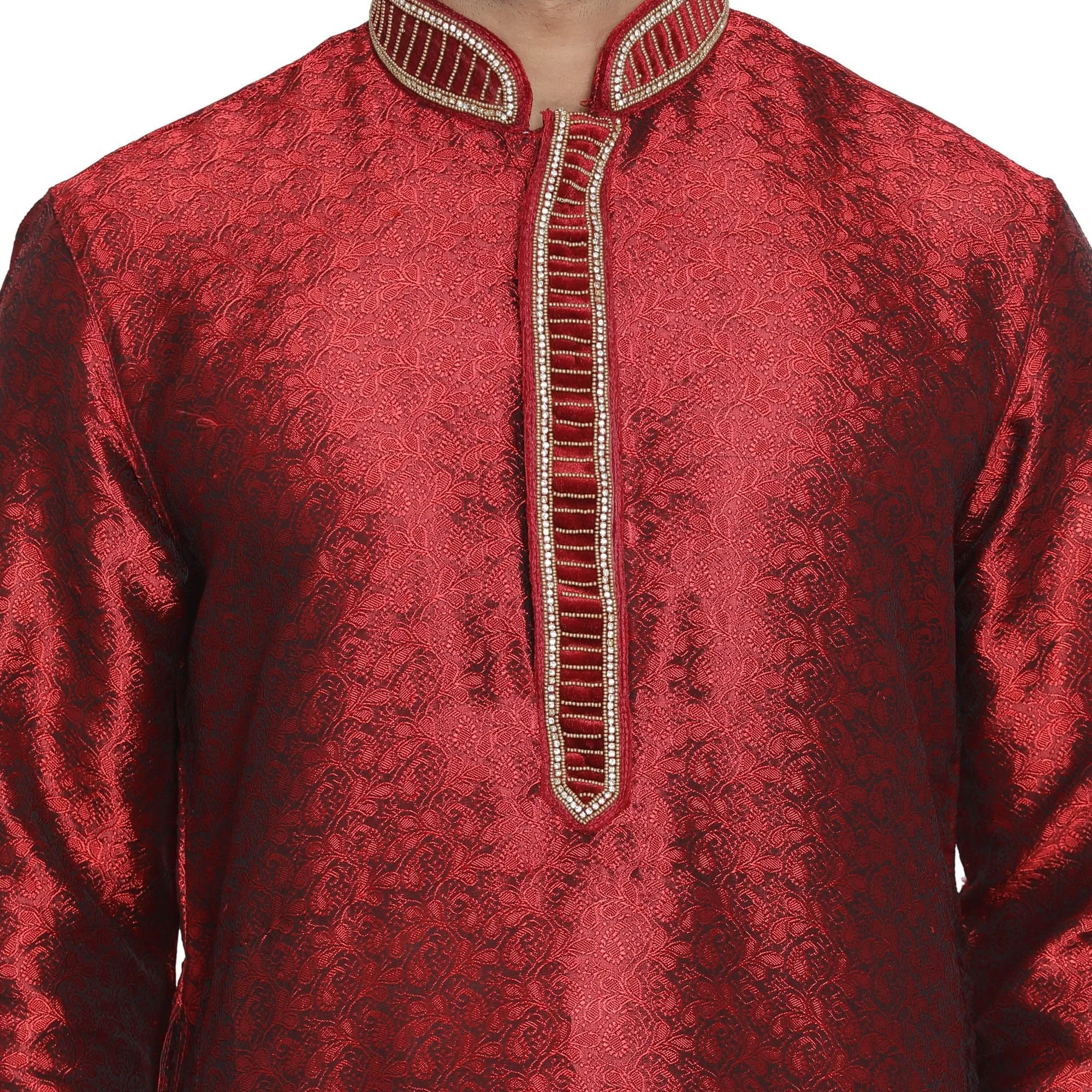 VASTRAMAY Men's Maroon Cotton Silk Blend Kurta and Pyjama Set