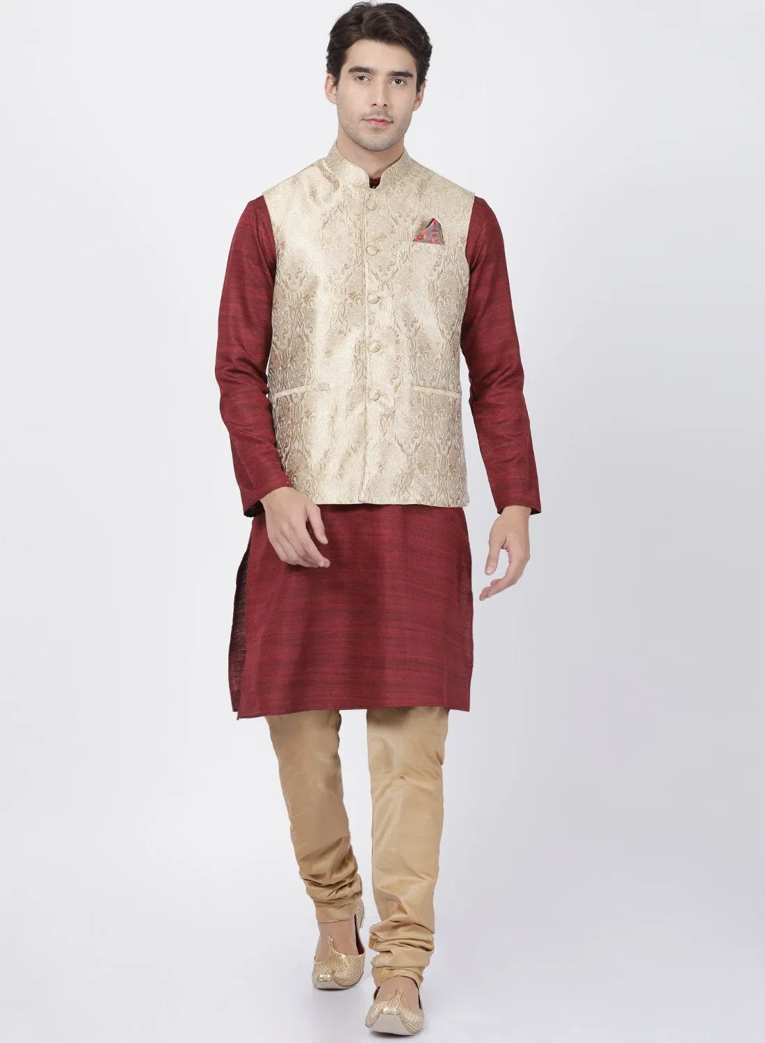 VASTRAMAY Men's Maroon Cotton Silk Blend Kurta, Ethnic Jacket and Pyjama Set