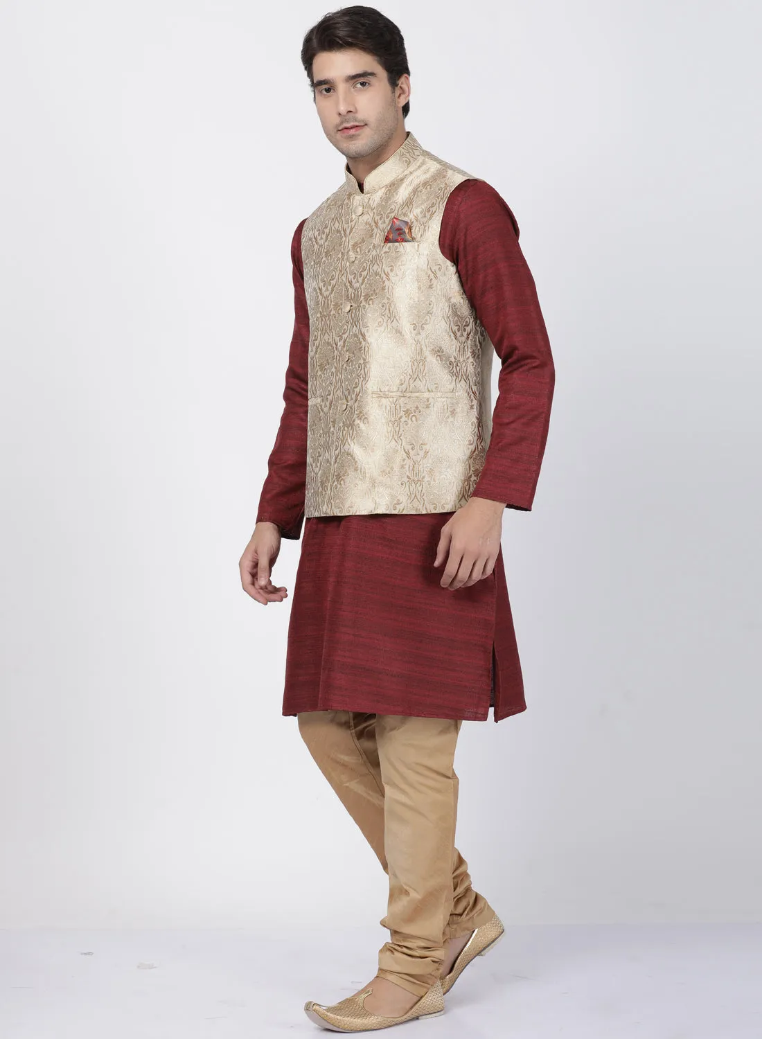 VASTRAMAY Men's Maroon Cotton Silk Blend Kurta, Ethnic Jacket and Pyjama Set