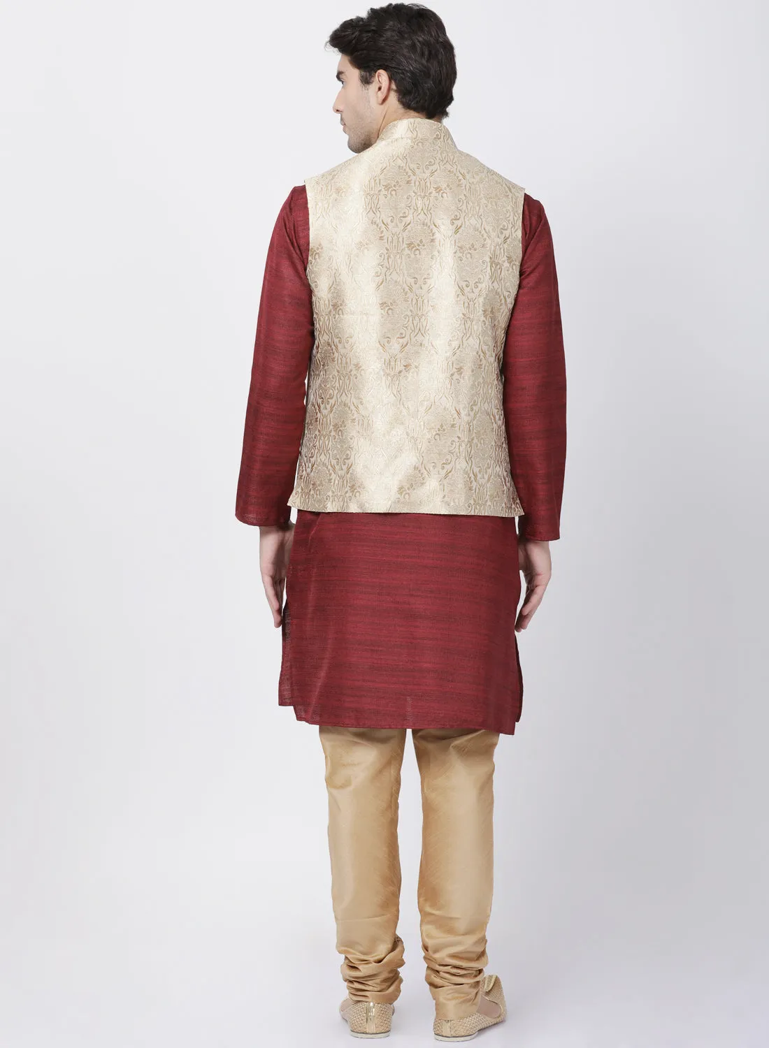 VASTRAMAY Men's Maroon Cotton Silk Blend Kurta, Ethnic Jacket and Pyjama Set