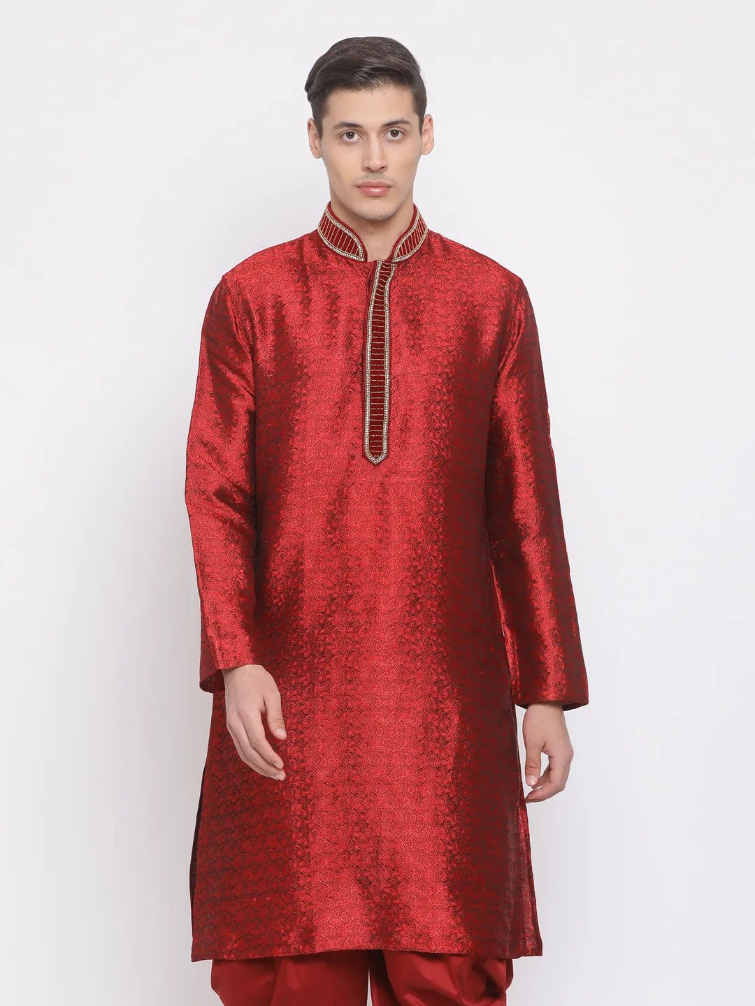 VASTRAMAY Men's Maroon Cotton Silk Blend Kurta