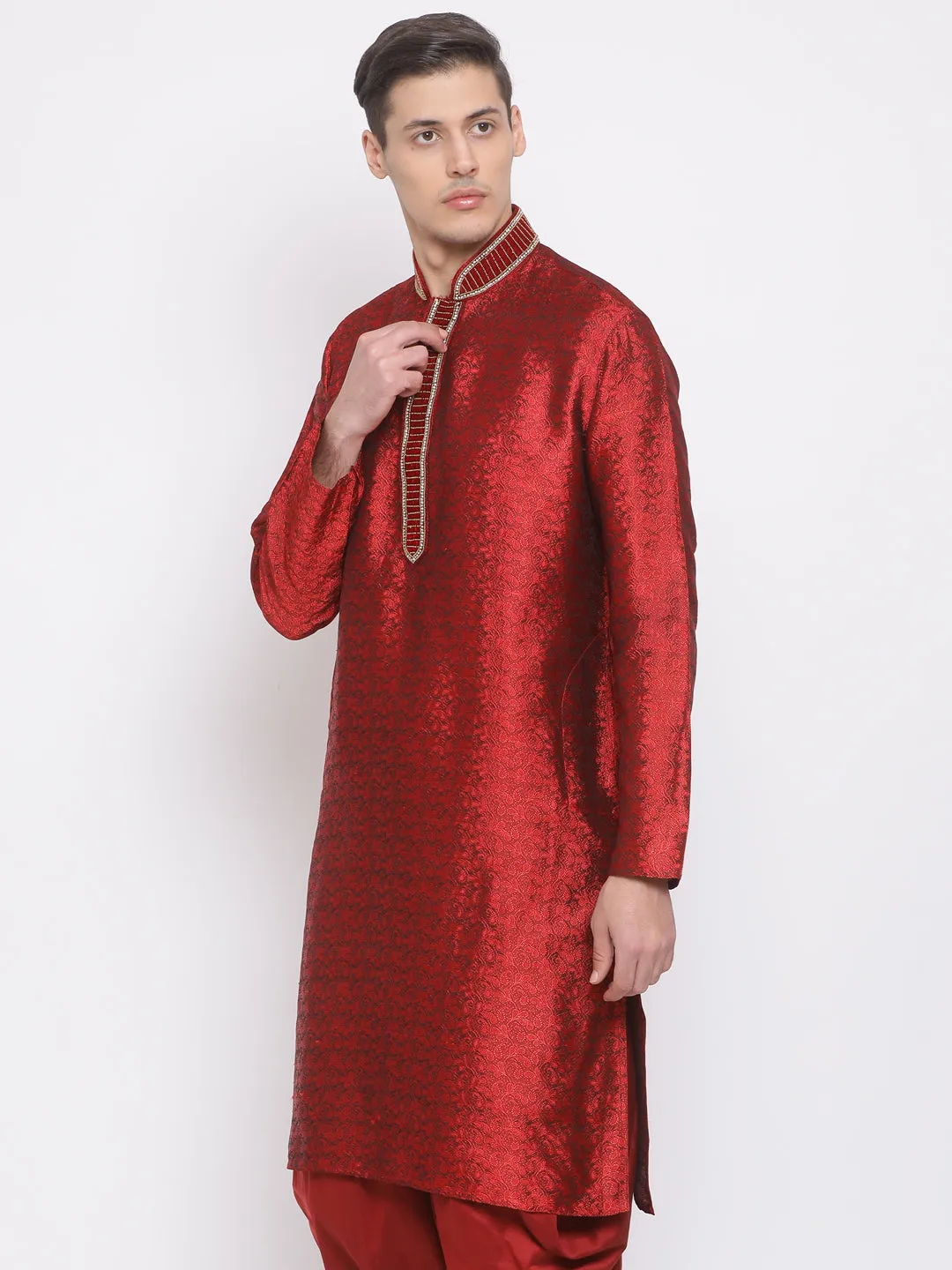 VASTRAMAY Men's Maroon Cotton Silk Blend Kurta