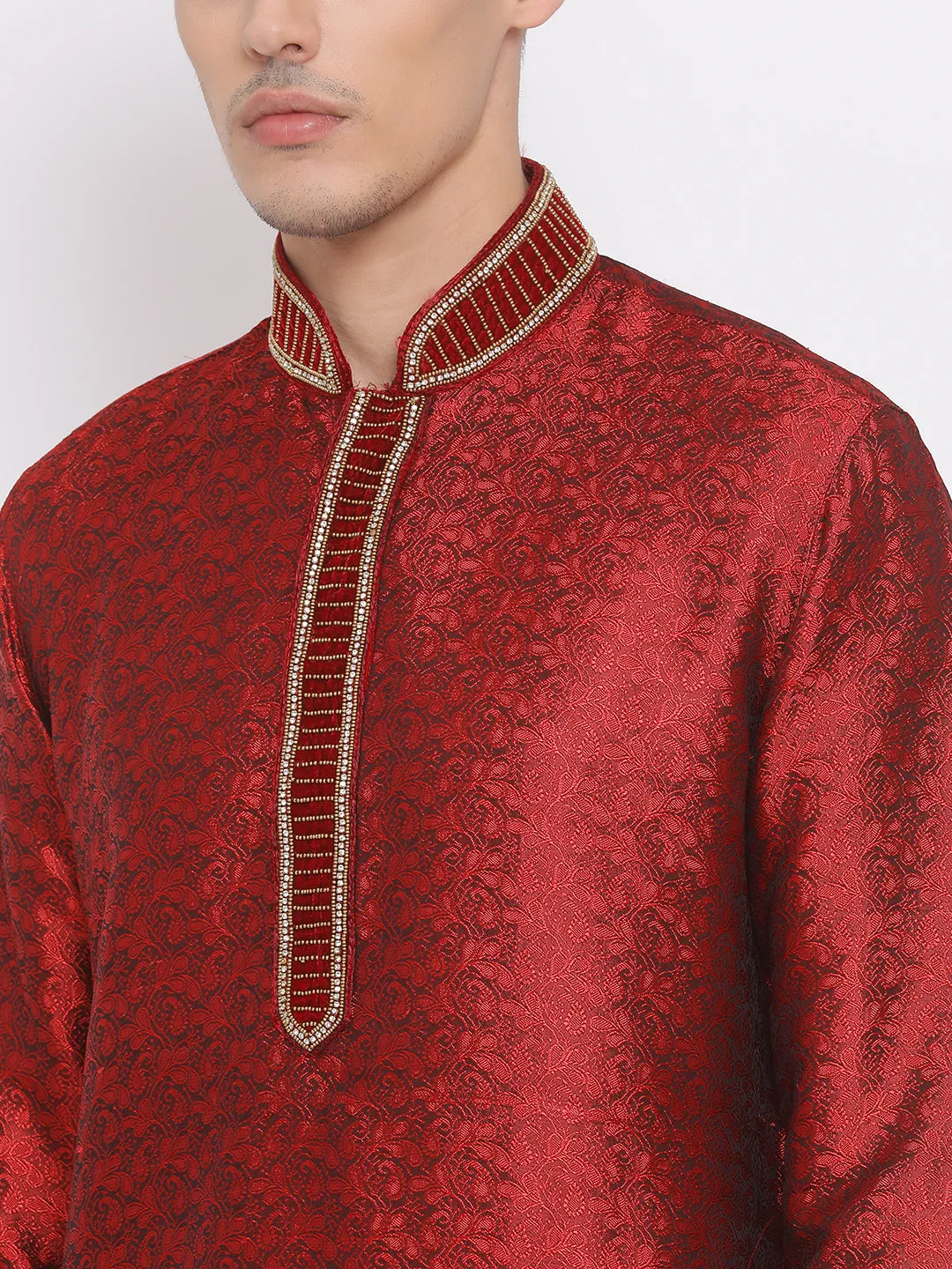 VASTRAMAY Men's Maroon Cotton Silk Blend Kurta