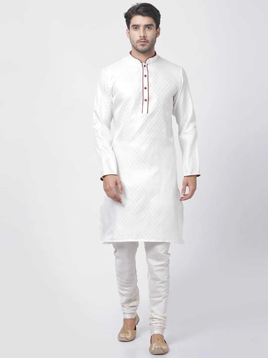 VASTRAMAY Men's White Cotton Silk Blend Kurta and Churidar Set