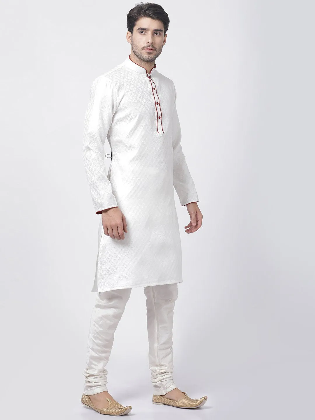 VASTRAMAY Men's White Cotton Silk Blend Kurta and Churidar Set