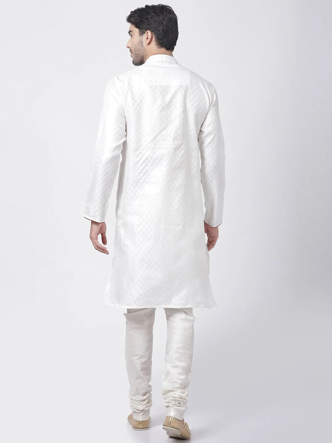 VASTRAMAY Men's White Cotton Silk Blend Kurta and Churidar Set