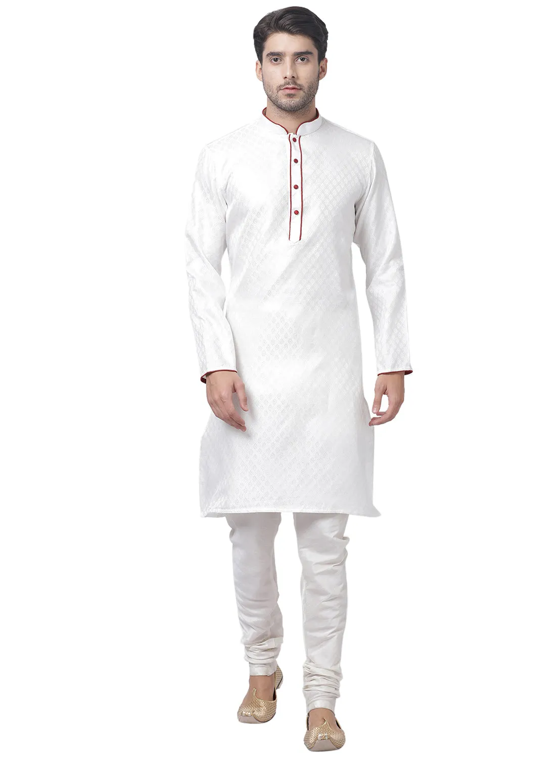 VASTRAMAY Men's White Cotton Silk Blend Kurta and Churidar Set